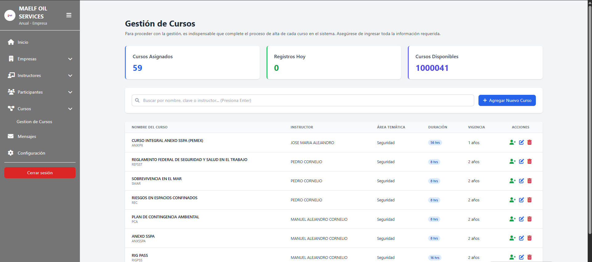 Lista de cursos registrados con sus temarios y competencias.