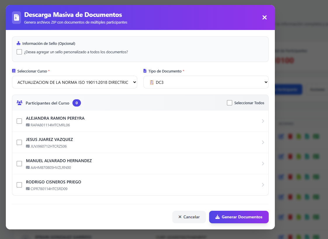 Interfaz para generar múltiples formatos DC-3 en un solo clic.